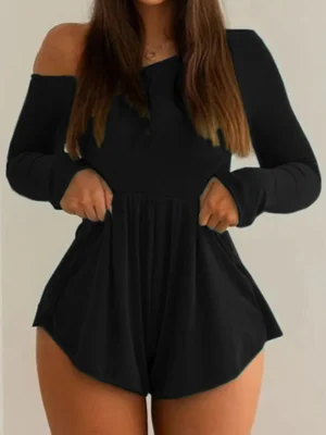 Sexy Hollow Out Ruched Strap Design Oblique Collar Loose Rompers