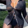 See-through Mesh Turndown Collar Tops