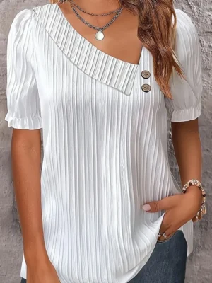 White Casual Oblique Collar Tops