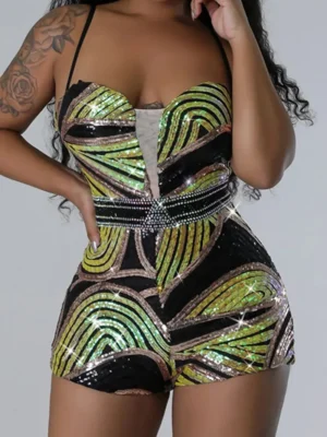 Green Print Sequins Zipper Spaghetti Strap Skinny Rompers