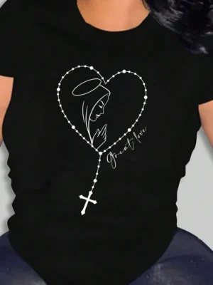 Black Casual Street Heart Pattern O Neck T-Shirts