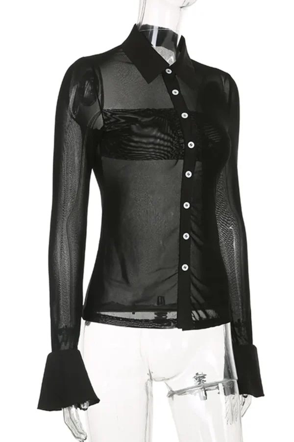 See-through Mesh Turndown Collar Tops