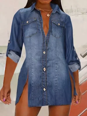 Blue Casual Side Slit Distressed Denim Blouse