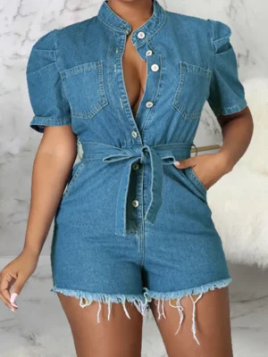 Blue Casual Turndown Collar Denim Rompers