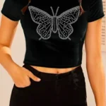 Black Casual Butterfly O Neck T-Shirts