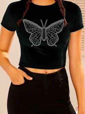 Black Casual Butterfly O Neck T-Shirts