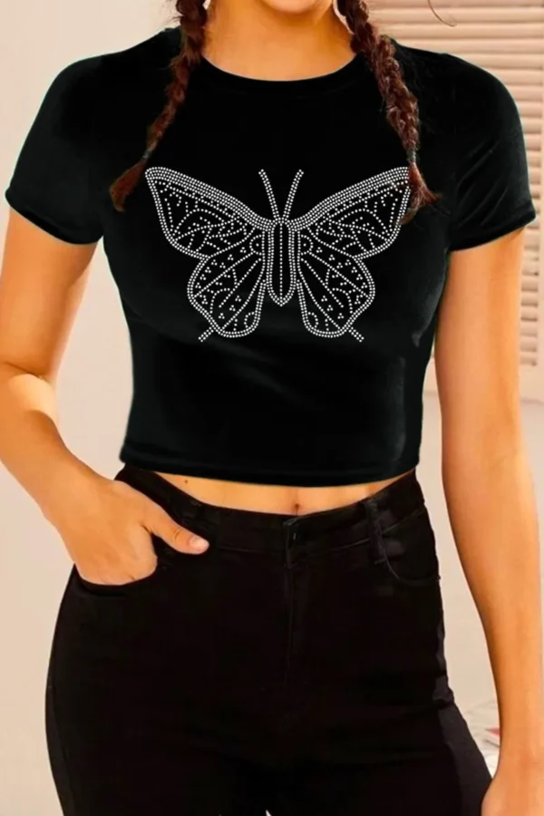 Black Casual Butterfly O Neck T-Shirts
