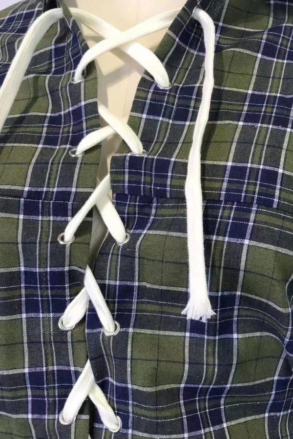 Plaid Print Hollowed Out Turndown Collar Tops