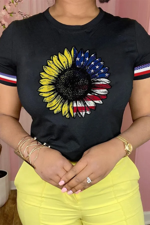 Black Casual American Flag Flowers Print O Neck T-Shirts