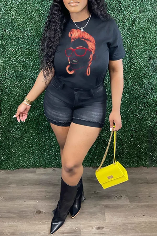 Black Daily Vintage Print O Neck T-Shirts