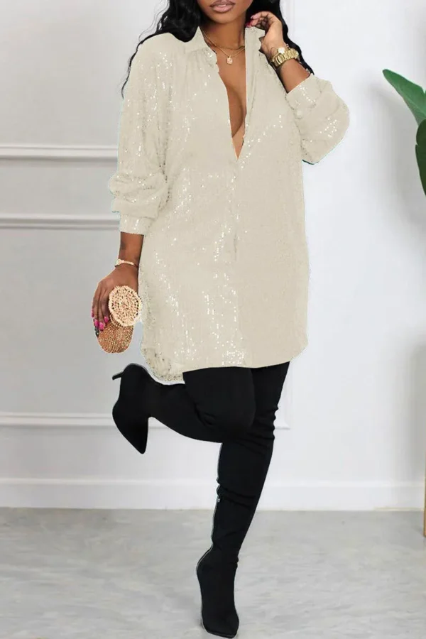 Sequins Shirt Collar Shirt Dress