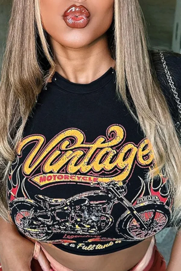Black Casual Print Basic O Neck T-Shirts