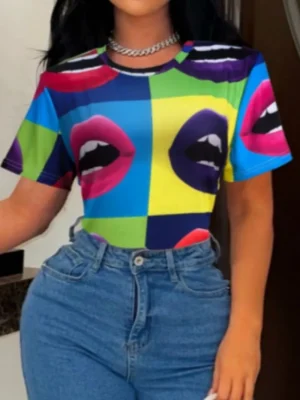 Multicolor Casual Lips Print Basic O Neck T-Shirts