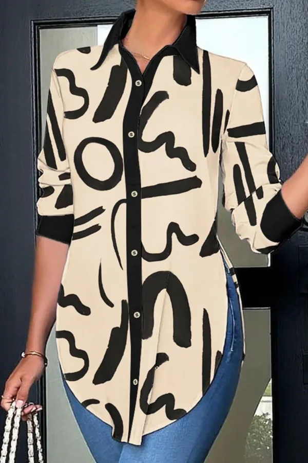 Casual Print Buckle Turndown Collar Tops