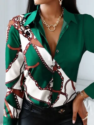 Casual Print Buckle Turndown Collar Tops