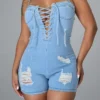 Baby Blue Fashion Ripped Backless Spaghetti Strap Skinny Rompers