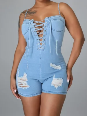 Baby Blue Fashion Ripped Backless Spaghetti Strap Skinny Rompers