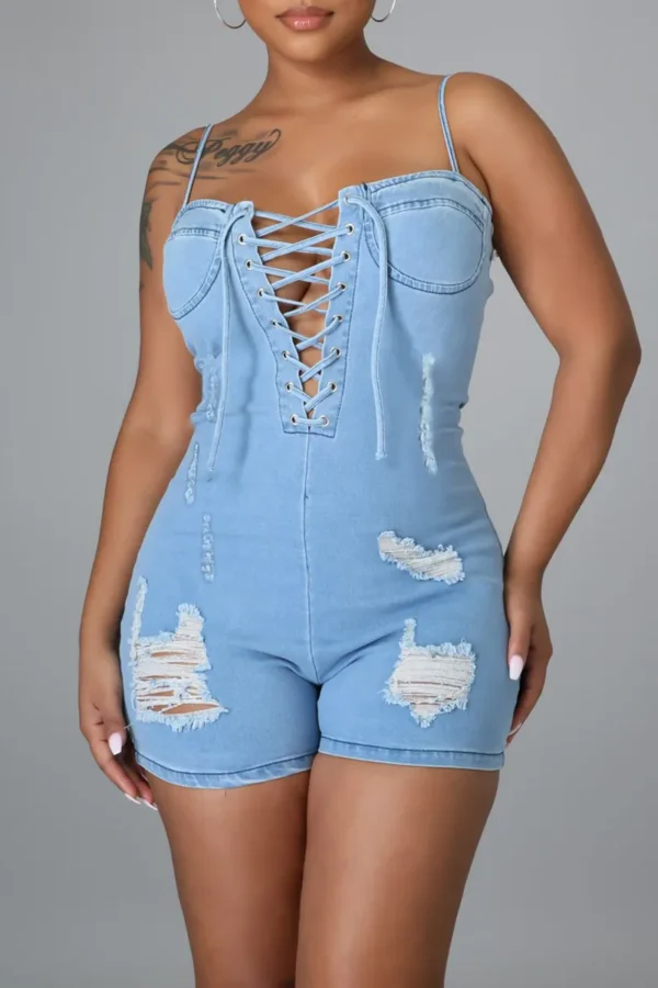 Baby Blue Fashion Ripped Backless Spaghetti Strap Skinny Rompers