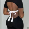 Black Backless Letter V Neck Rompers