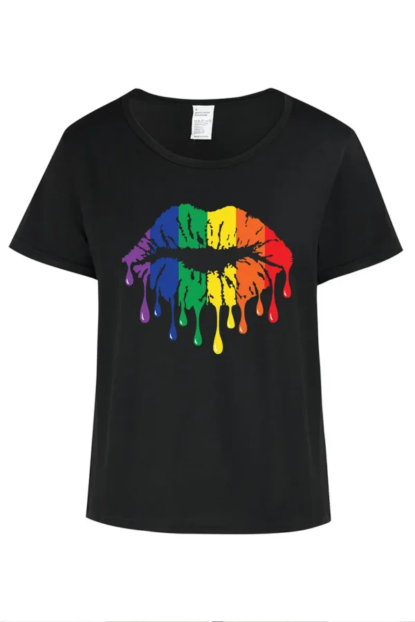 Black Casual Lips Print Gradient O Neck T-Shirts