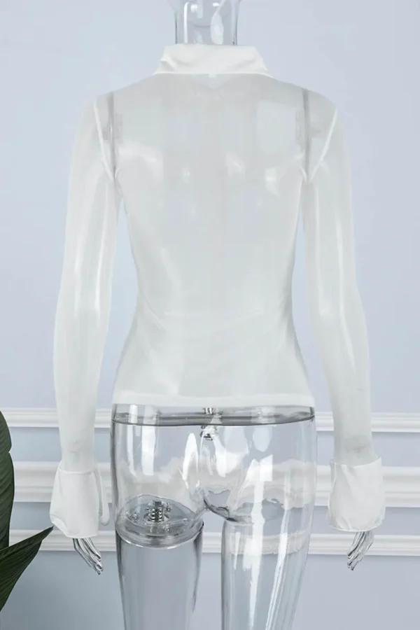 See-through Mesh Turndown Collar Tops