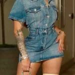 The cowboy blue Turndown Collar Sleeve Denim Rompers