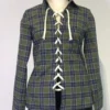 Plaid Print Hollowed Out Turndown Collar Tops