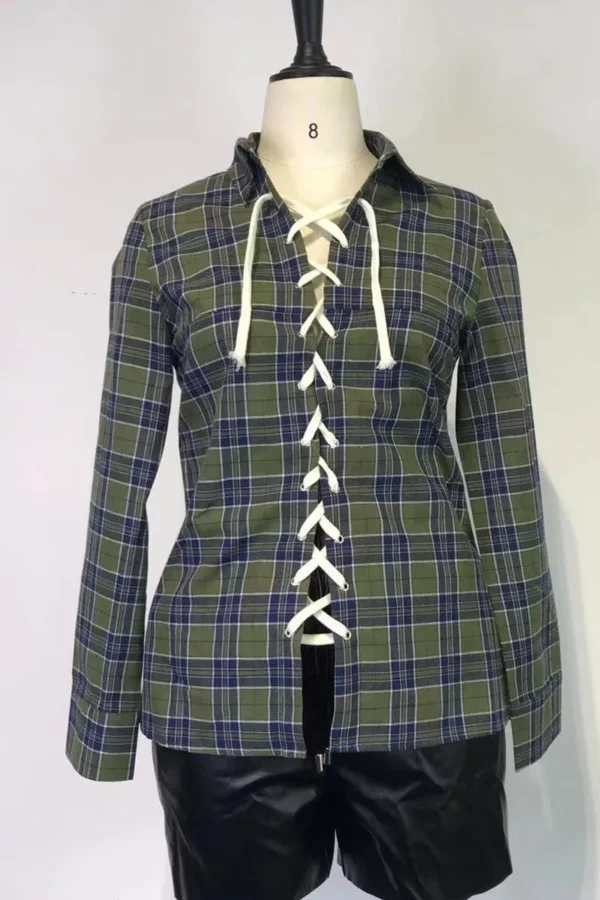 Plaid Print Hollowed Out Turndown Collar Tops