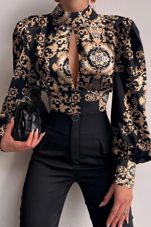 Elegant Print Backless Half A Turtleneck Tops