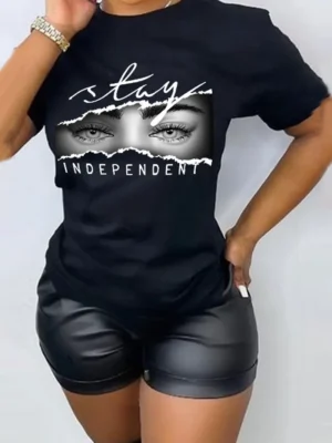 Black Casual Daily Print Letter O Neck T-Shirts