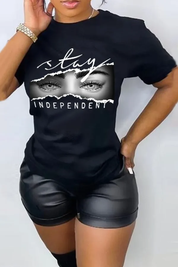 Black Casual Daily Print Letter O Neck T-Shirts