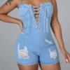 Baby Blue Fashion Ripped Backless Spaghetti Strap Skinny Rompers