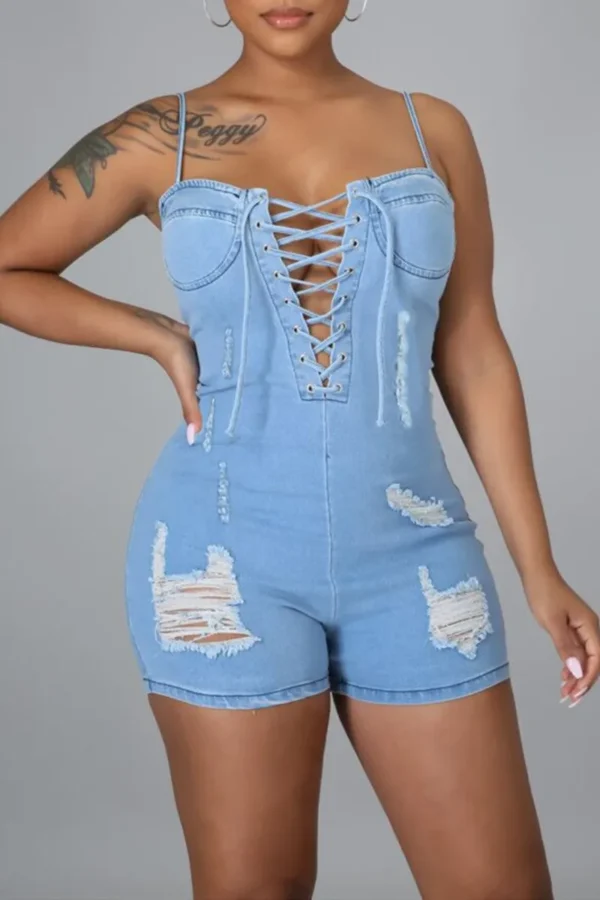 Baby Blue Fashion Ripped Backless Spaghetti Strap Skinny Rompers