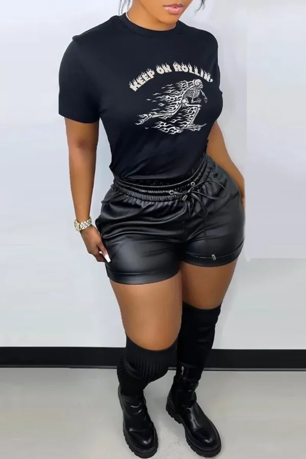 Black Casual Skull Letter Print O Neck T-Shirts