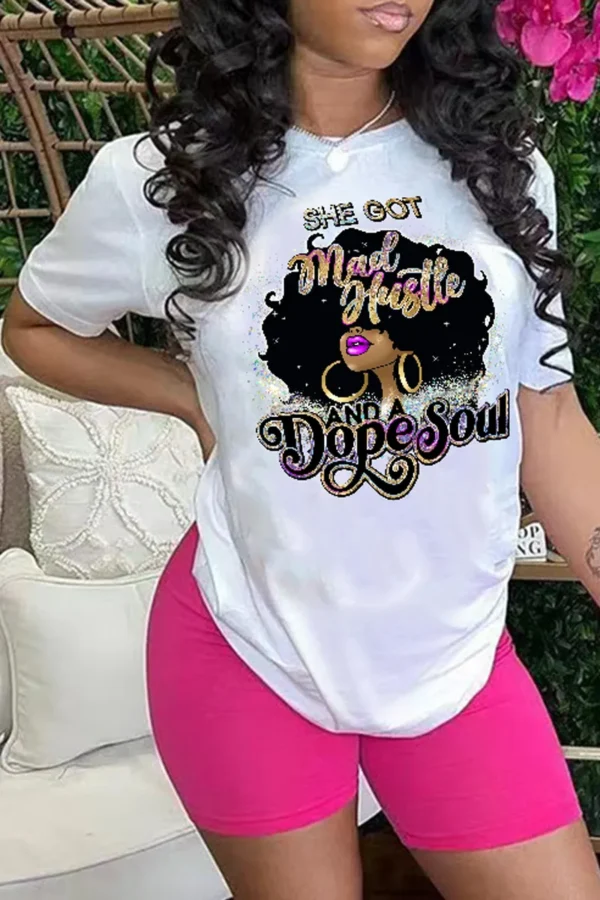 White Vintage Print Letter O Neck T-Shirts