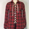 Plaid Print Hollowed Out Turndown Collar Tops