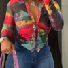 Multicolor Casual Print Shirt Collar Tops
