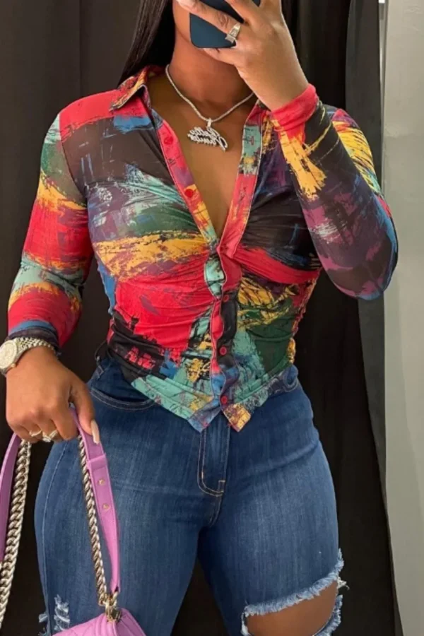 Multicolor Casual Print Shirt Collar Tops