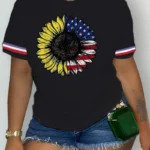 Black Casual American Flag Flowers Print O Neck T-Shirts