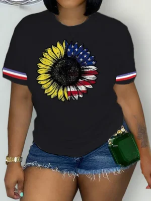 Black Casual American Flag Flowers Print O Neck T-Shirts