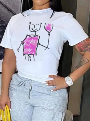 White Daily Cute Print O Neck T-Shirts