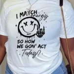 White Casual Smiley Face Print Letters O Neck T-Shirts
