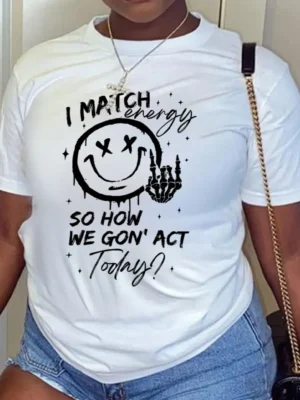 White Casual Smiley Face Print Letters O Neck T-Shirts