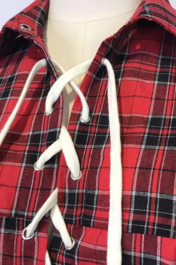 Plaid Print Hollowed Out Turndown Collar Tops