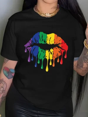 Black Casual Lips Print Gradient O Neck T-Shirts