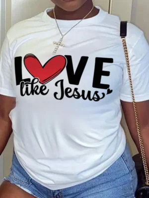 White Daily Love Print Letters O Neck T-Shirts