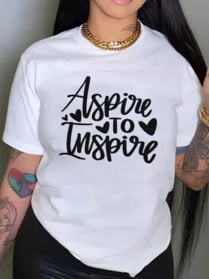 White Casual Letter Contrast O Neck T-Shirts
