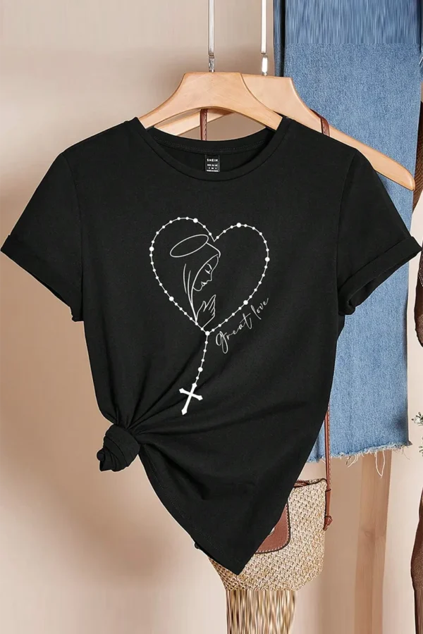 Black Casual Street Heart Pattern O Neck T-Shirts