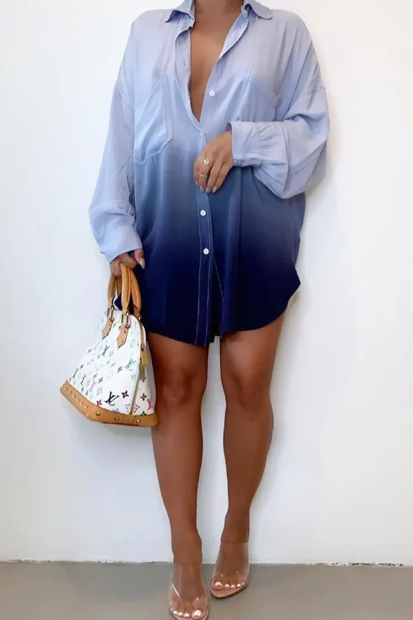 Casual Gradual Change Print Buckle Turndown Collar Tops