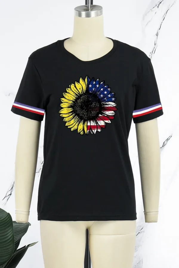 Black Casual American Flag Flowers Print O Neck T-Shirts